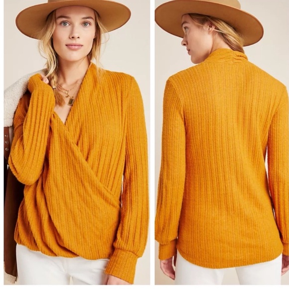 Anthropologie Sweaters - Anthropologie Maeve Rafela Hacci Surplice Faux Wrap Top Sweater Size XS